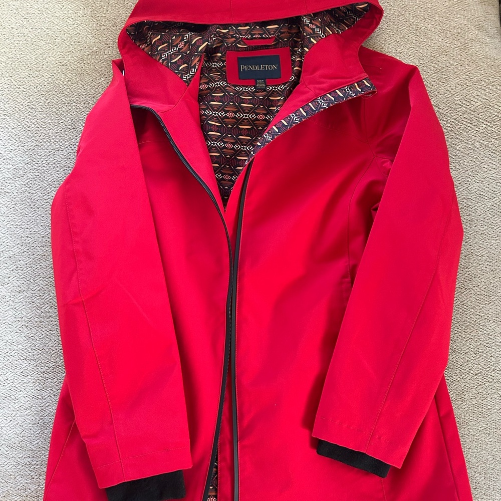 Pendleton Bright Red Hooded Trench Coat with Patterned Lining